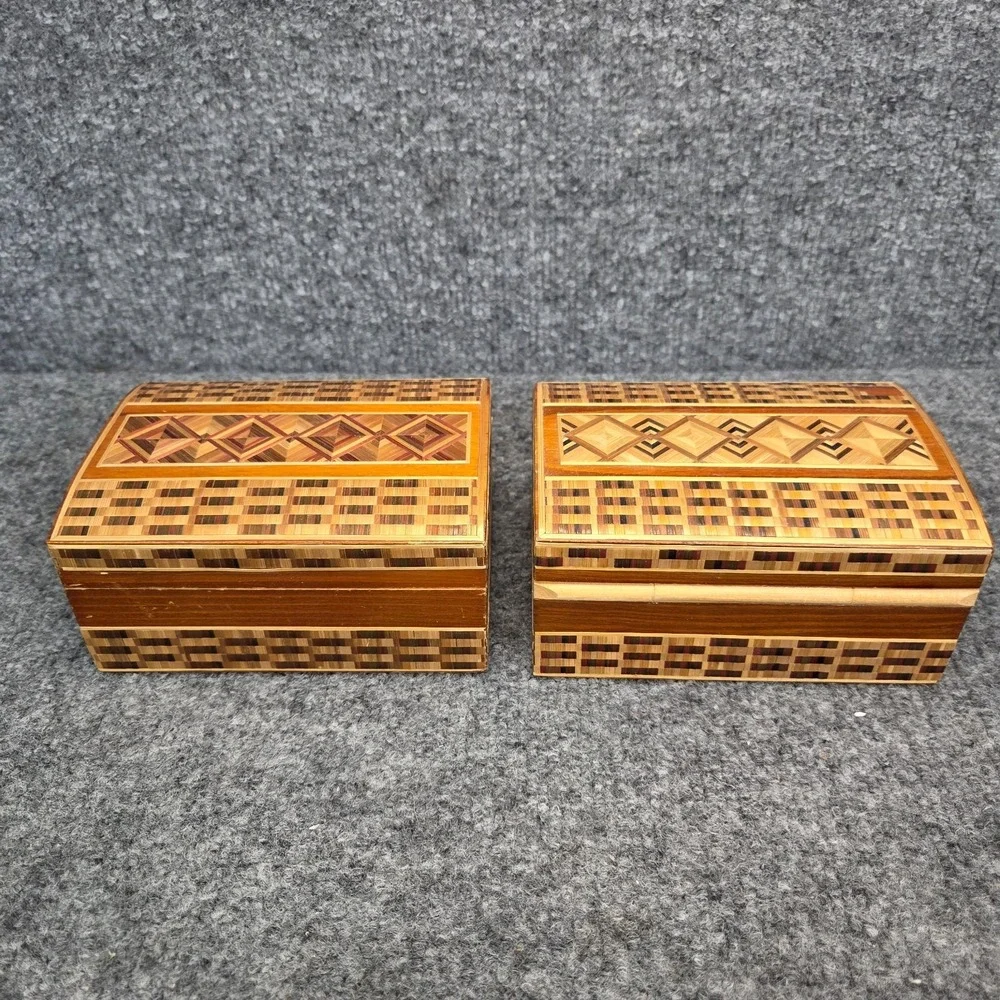2 Vintage Hand Carved Wooden Trinket Box with‎ Straw Ornament USSR RUSSIA
